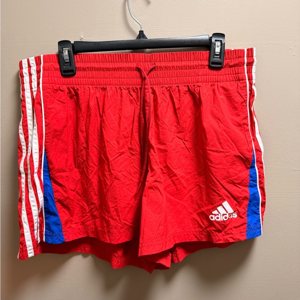 Adidas Red Shorts with Blue Stripes